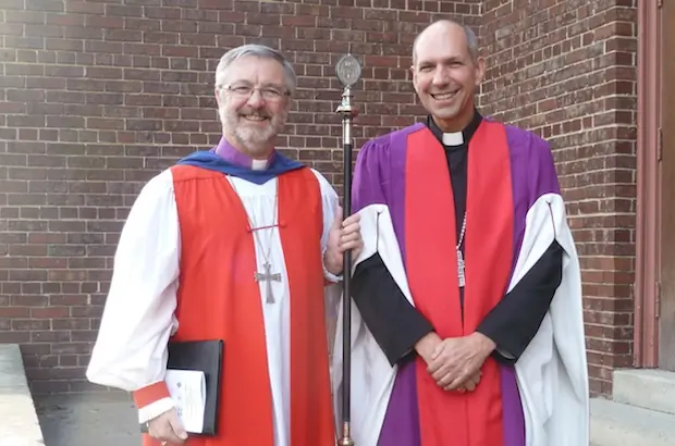 The Anglican and Roman Catholic bishops of Saskatoon, the Rt. Rev. David Irving (left) and the Most Rev. Donald Bolen. Bishop Don was invested as a fellow of the College of Emmanuel and St. Chad where Bishop David serves as Chancellor. Bishop Don also gave the convocation address for the Saskatoon Theological Union