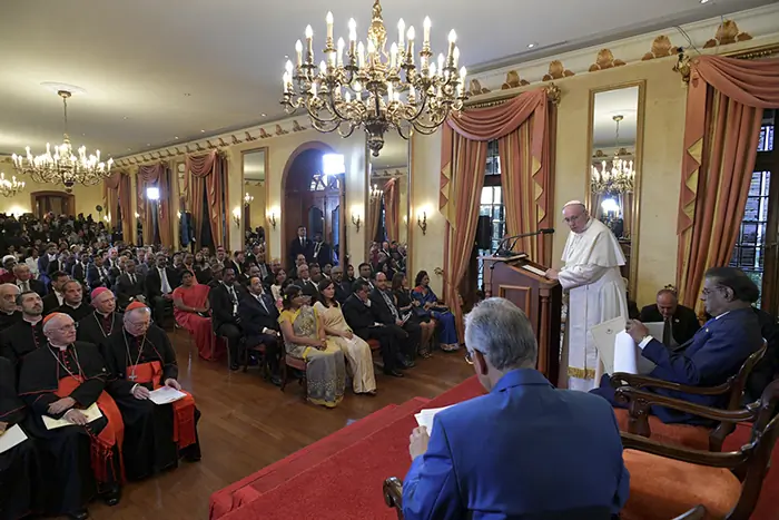 Pope Francis delivers a speech in Port Louis on 9 September 2019 during his visit to Mauritius. Photo: Vatican Media/Reuters