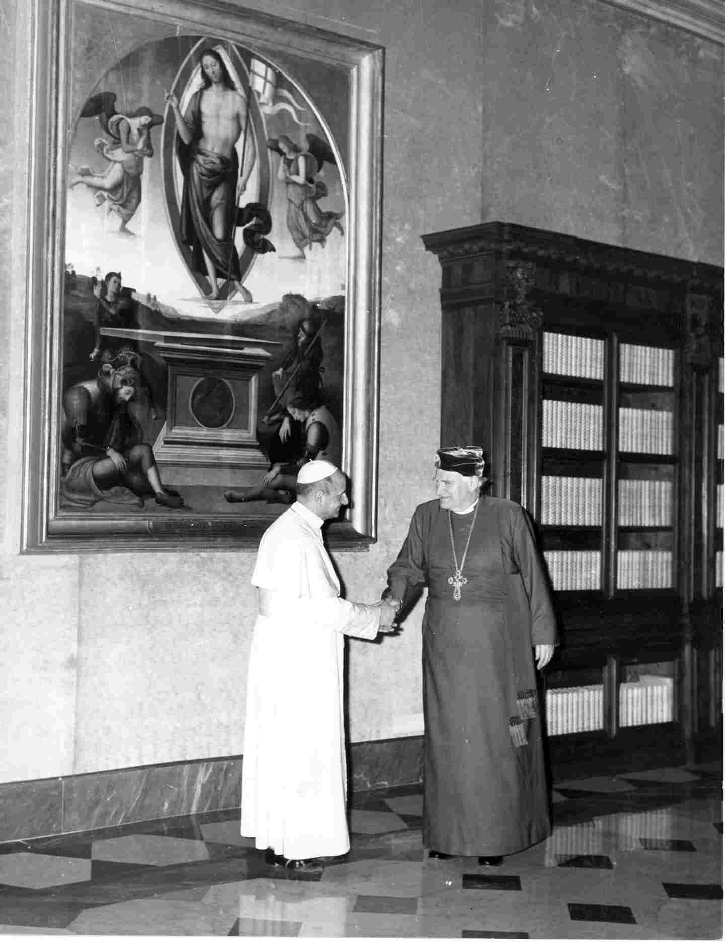 Pope Paul VI and Archbishop of Canterbury Michael Ramsey during the visit of the Archbishop to Rome