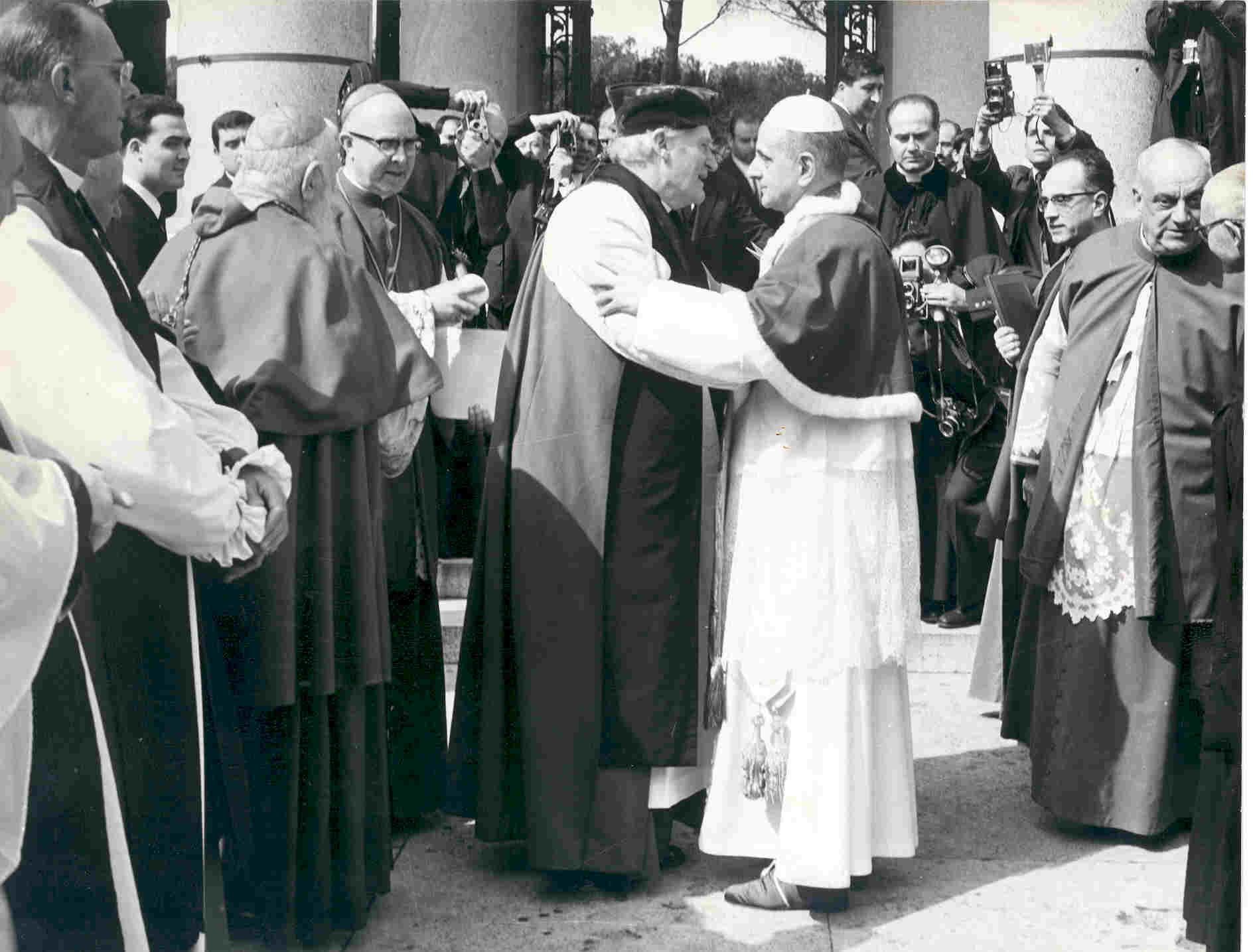Pope Paul VI and Archbishop of Canterbury Michael Ramsey embracing during the visit of the Archbishop to Rome