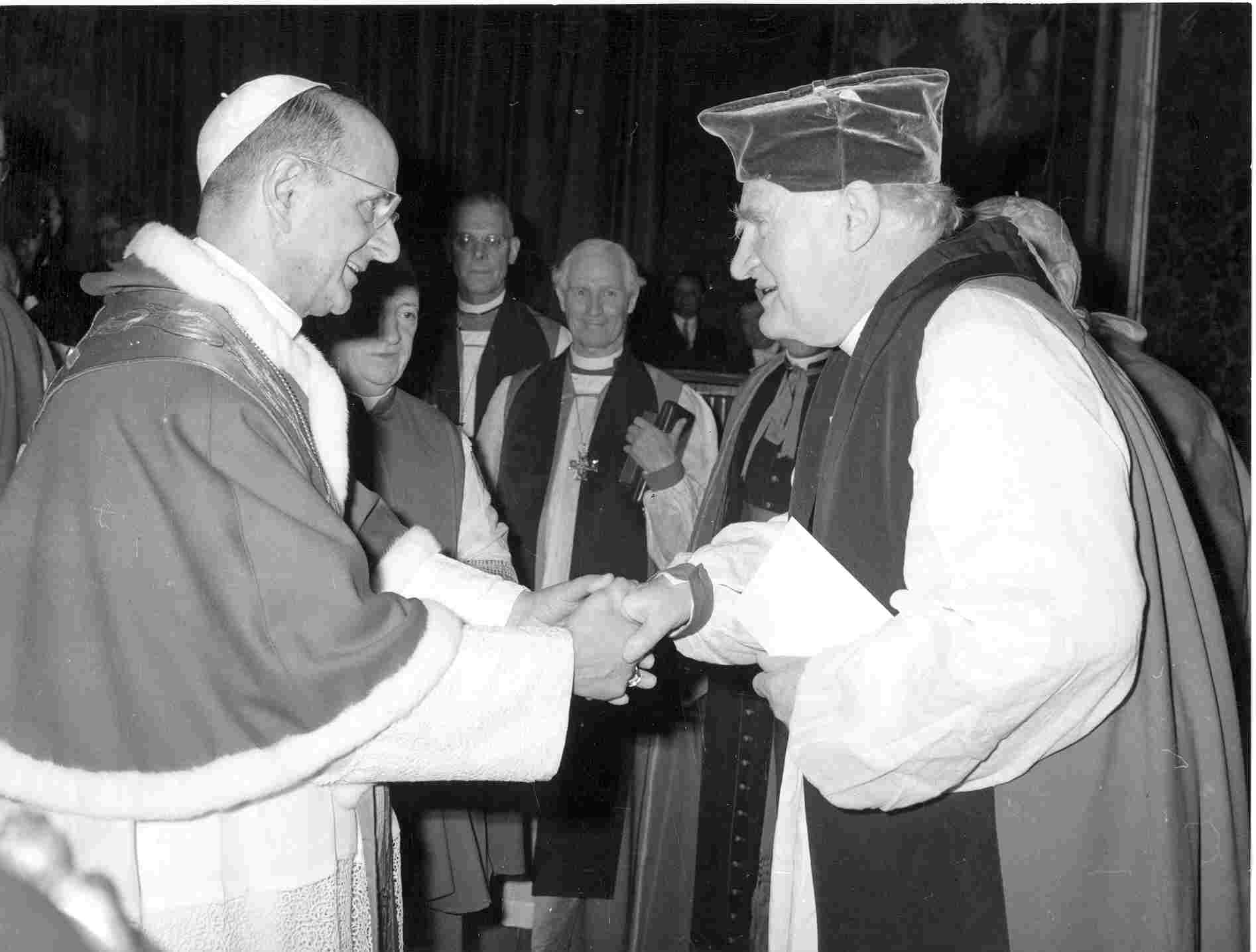 Pope Paul VI and Archbishop of Canterbury Michael Ramsey during the visit of the Archbishop to Rome
