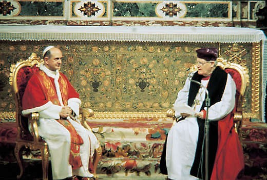 Pope Paul VI and Dr Michael Ramsey, Archbishop of Canterbury, seated in the Sistine Chapel during the 1966 visit of Ramsey to Rome