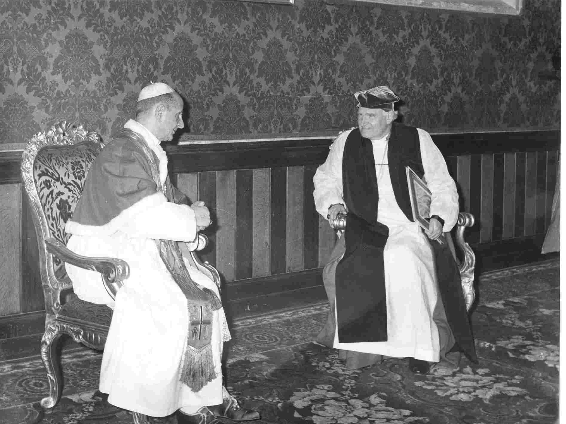 Pope Paul VI and Archbishop of Canterbury Michael Ramsey seated