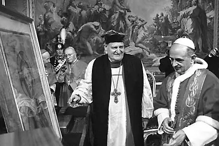 Archbishop Michael Ramsey and Pope Paul VI view an icon during the first official visit of an Archbishop of Canterbury to the Pope