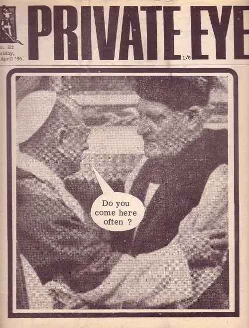 The cover of Private Eye magazine with a photo of Archbishop of Canterbury Michael Ramsey and Pope Paul VI