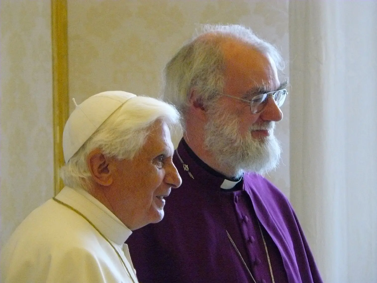 Pope Benedict XVI and the then-Archbishop of Canterbury, Rowan Williams, hold a private meeting in the Pope's study at the Vatican
