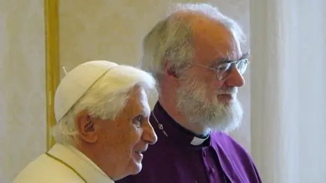 Pope Benedict XVI and the then-Archbishop of Canterbury, Rowan Williams, hold a private meeting in the Pope's study at the Vatican