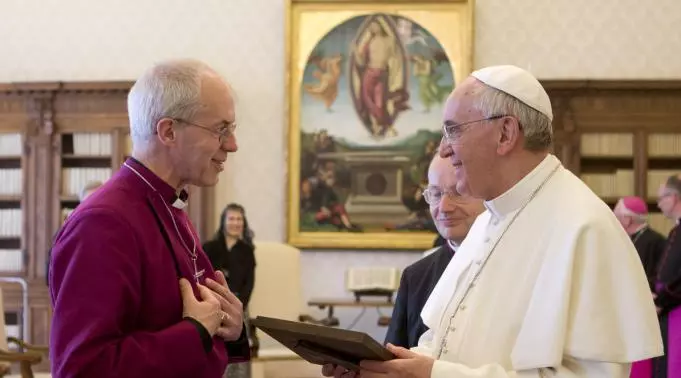 Archbishop of Canterbury Justin Welby greets Pope Francis during visit to Rome 