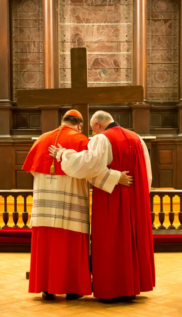 Cardinal Gerald Lacroix and Bishop Denis Drainville, the Roman Catholic and Anglican bishops of Quebec, share a quiet moment of prayer before the Cross on Good Friday