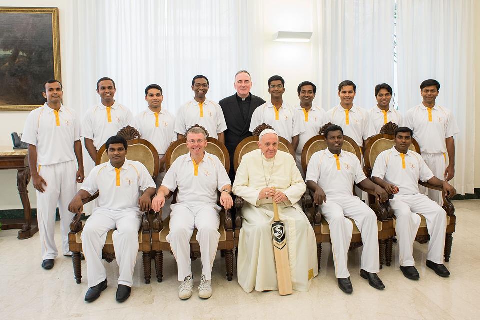 The new Vatican Cricket Team posed for a team photo with Pope Francis. Fr. Anthony Currer on the pope's right, is the team captain and an official in the Pontifical Council for Promoting Christian Unity responsible for dialogue with Anglicans and Methodists