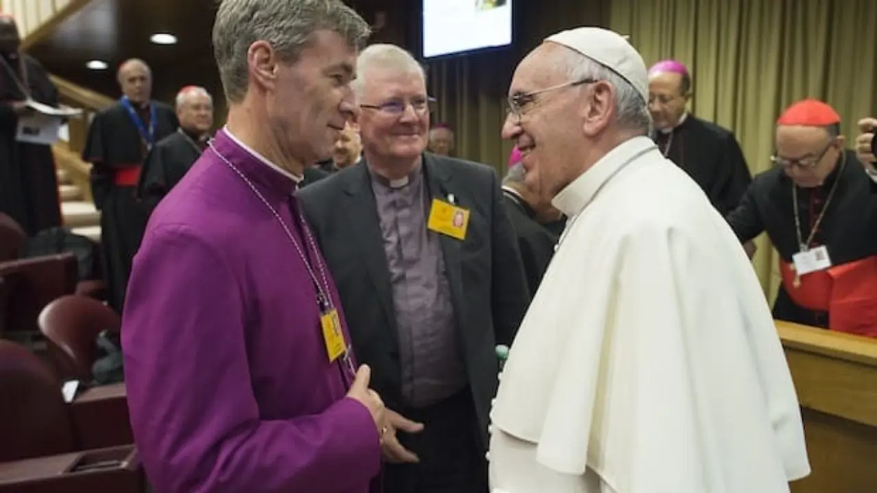 Bishop Tim Thornton of the Church of England's diocese of Truro meets Pope Francis at the Vatican Synod on the Family