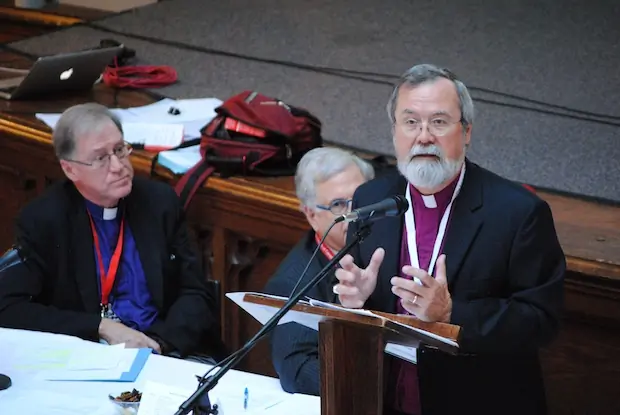 The Anglican Church of Canada's Commission on the Marriage Canon presented their report to the Council of General Synod. Bishop Bishop John Privett (speaking) was a member of the Commission