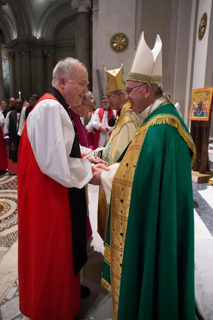 Pope Francis greeting Bishop John Bauerschmidt during the ecumenical vespers at San Gregorio al Celio
