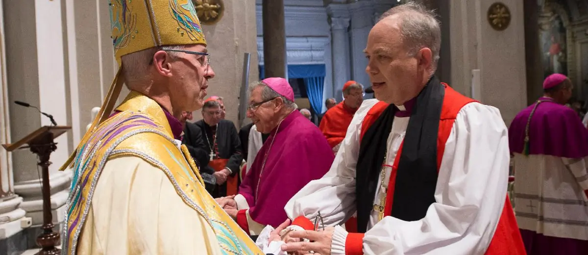 Archbishop Justin Welby greeting Bishop John Bauerschmidt during the ecumenical vespers at San Gregorio al Celio