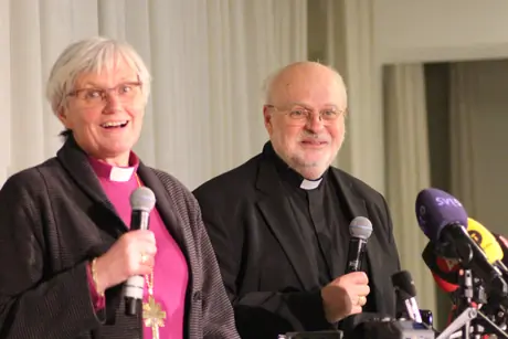 Archbishop Antje Jackelén, leader of the Church of Sweden, and Bishop Anders Arborelius of the Catholic diocese of Stockholm, give a joint press conference on the eve of commemorations to mark the 500th anniversary of the Reformation