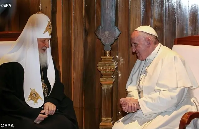 Patriarch Kirill of Moscow and Pope Francis meeting in Havana, Cuba on February 12, 2016. This was the first meeting between a reigning pope and a patriarch of Moscow