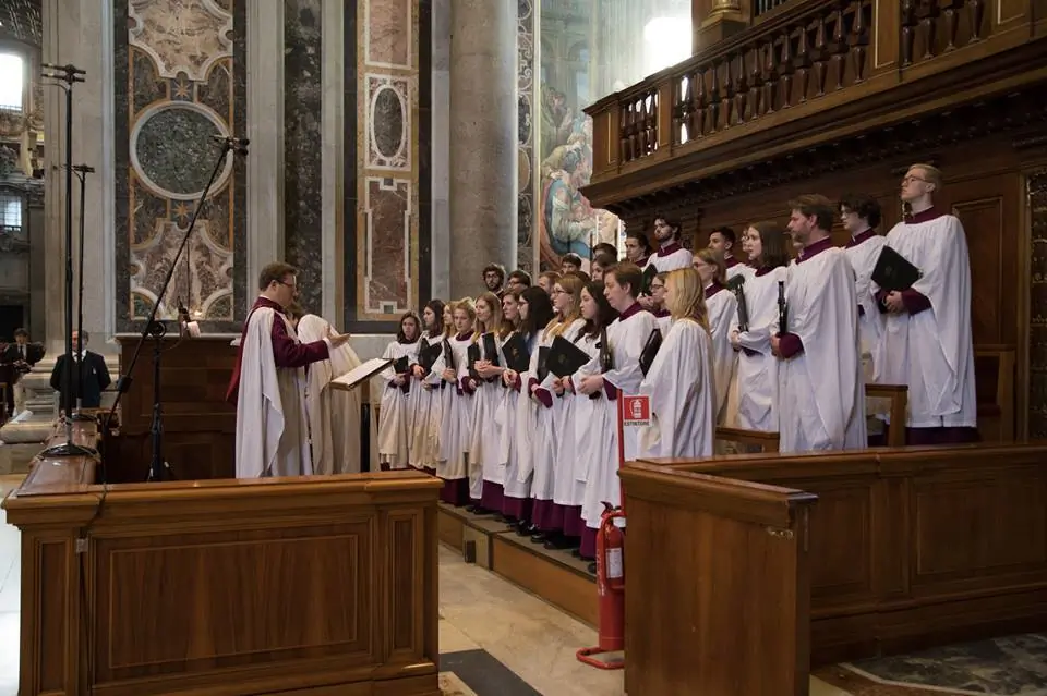 The choir of Merton College, Oxford sang a traditional Anglican Choral Evensong in St Peter’s Basilica