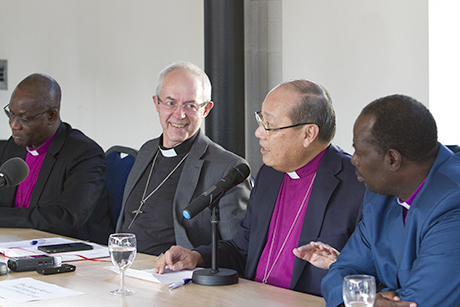 The secretary-general of the Anglican Communion, Josiah Idowu-Fearon; the Archbishop of Canterbury, Justin Welby; the Archbishop of Hong Kong, Paul Kwong; and the Archbishop of Kenya, Jackson Ole Sappit; at a press conference at the conclusion of the 2017 Primates’ Meeting