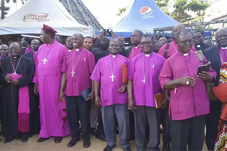 The Anglican and Roman Catholic Archbishops of Uganda, Stanley Ntagali and Cyprian Kizito Lwanga, with bishops from the two churches at the Ugandan Martyrs Shrines in Namugongo