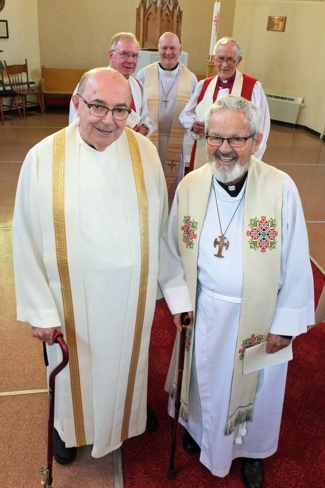'Spiritual twins' Fr Bernard de Margerie (Roman Catholic, front left) and Fr Colin Clay (Anglican, front right) were both ordained on June 1, 1958: one in Vonda, Saskatchewan, Canada and one in London, UK. A joyful celebration of thanksgiving for their 60th anniversaries of ordination was held tonight at St John Anglican Cathedral in Saskatoon. Bishops in attendance were (back, l-r) Anglican Bishop (Emeritus) Rod Andrews, Catholic Bishop Mark Hagemoen, and Anglican Bishop (Emeritus) Thomas Morgan
