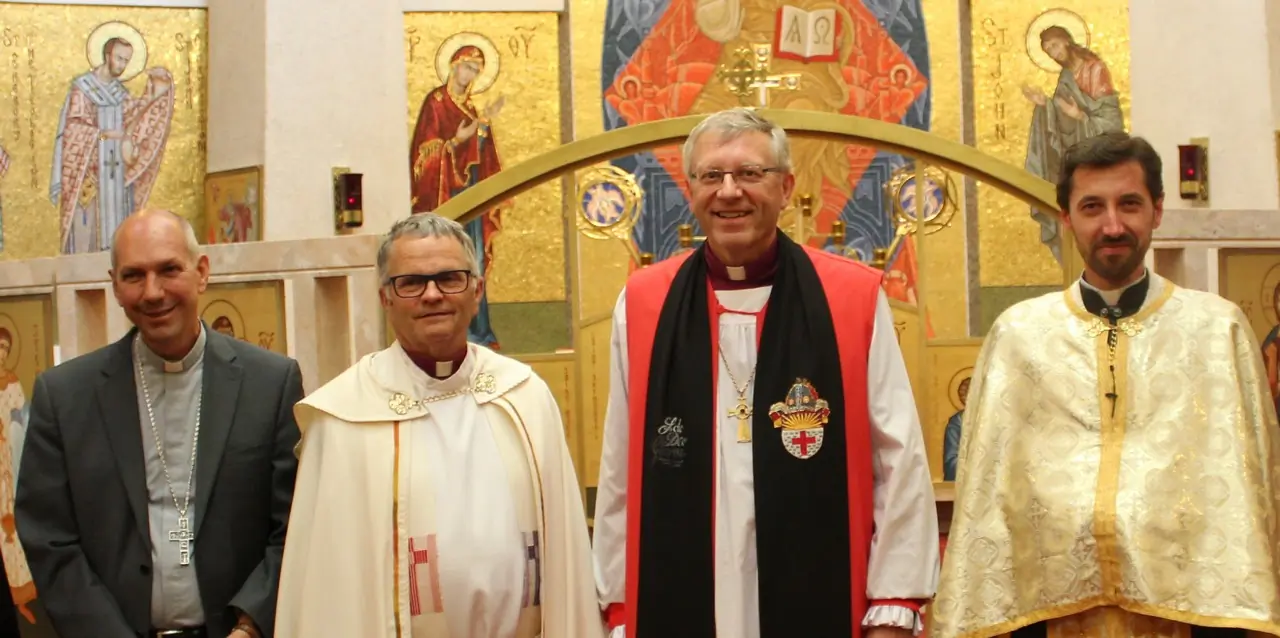 Archbishop Donald Bolen, Bishop Sid Haugen, Bishop Robert Hardwick, and Fr. Vasyl Tymishak at the annual covenant service for Anglican and Roman Catholic churches in southern Saskatchewan (Canada). The covenant will be expanding to include the Evangelical Lutheran Church in Canada and the Ukrainian Catholic Church in 2020