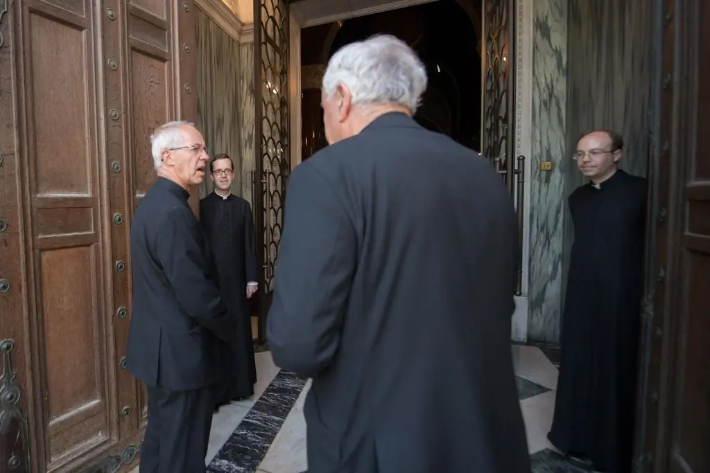 Cardinal Vincent Nichols welcomes Archbishop Justin Welby to Westminster Cathedral on the first day of re-opening after the COVID-19 shutdown