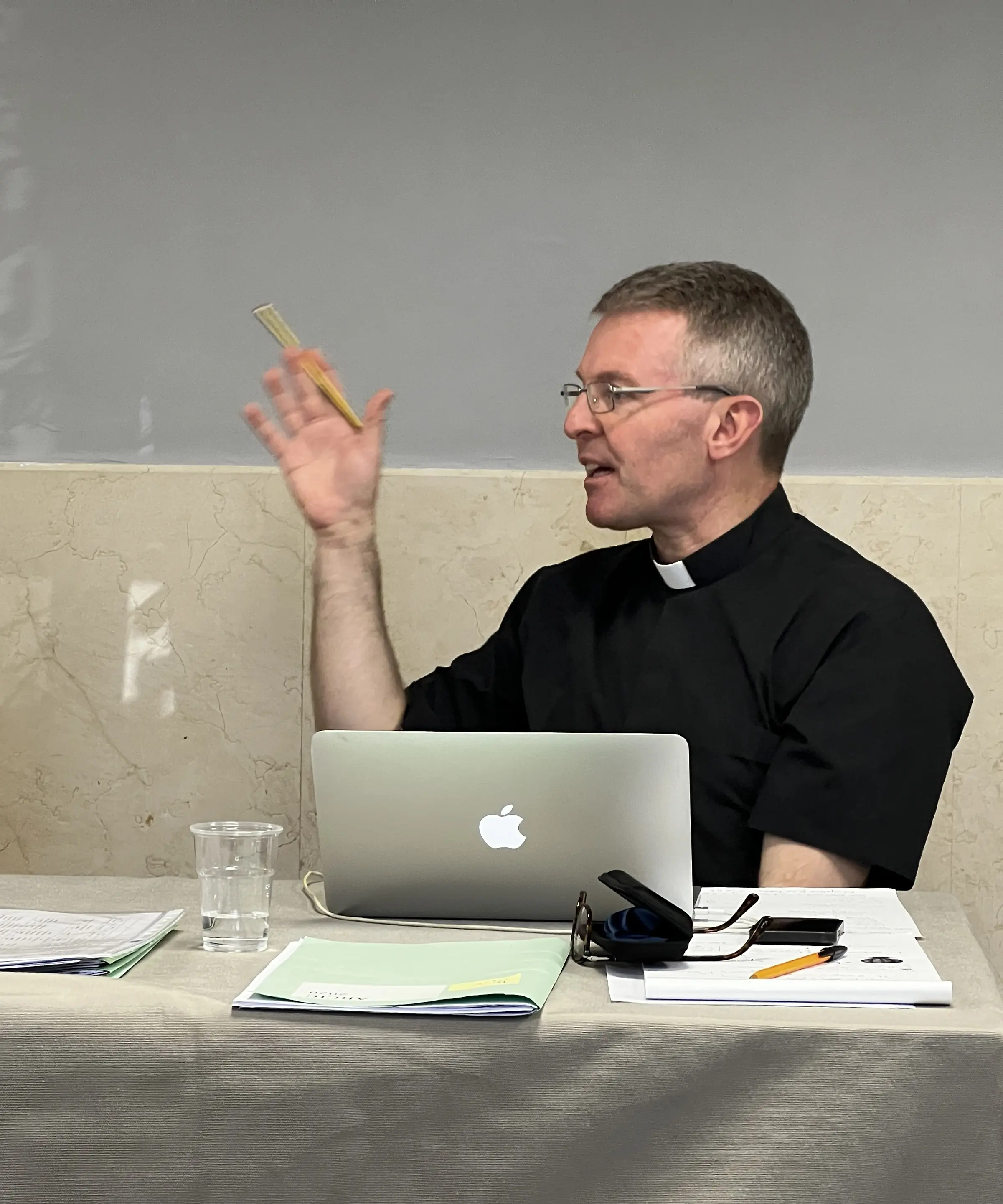 Fr Tony Currer gestures during ARCIC III meeting at Villa Aurelia, Rome