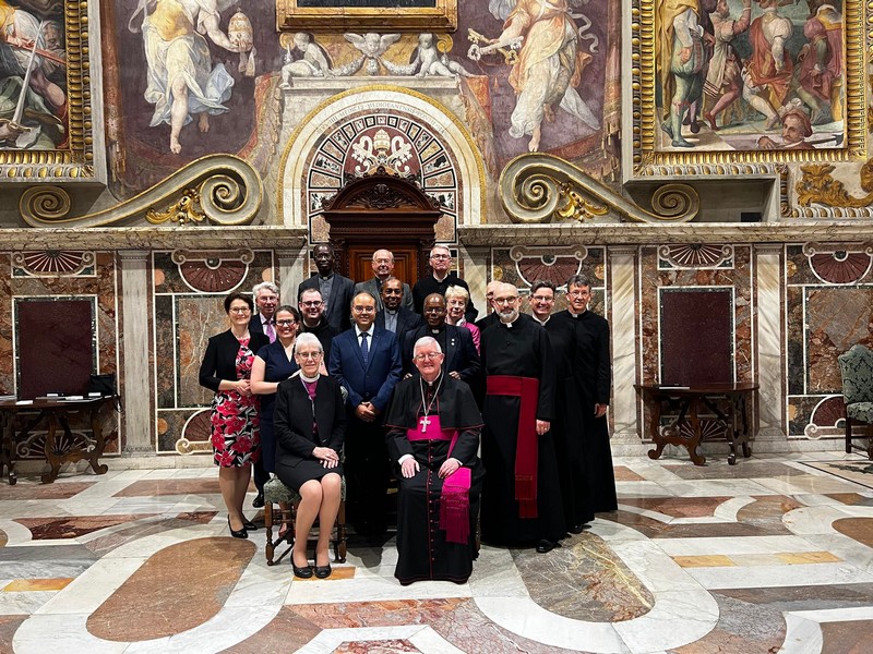 Members of the Anglican Roman Catholic International Commission (ARCIC) III before an audience with Pope Francis at the Apostolic Palace in Vatican City. Seated in front are Archbishop Linda Nicholls, primate of the Anglican Church of Canada, who represented Anglicans at the meeting, and ARCIC co-chair Bernard Longley, Archbishop of Birmingham, England, who spoke on behalf of Roman Catholics