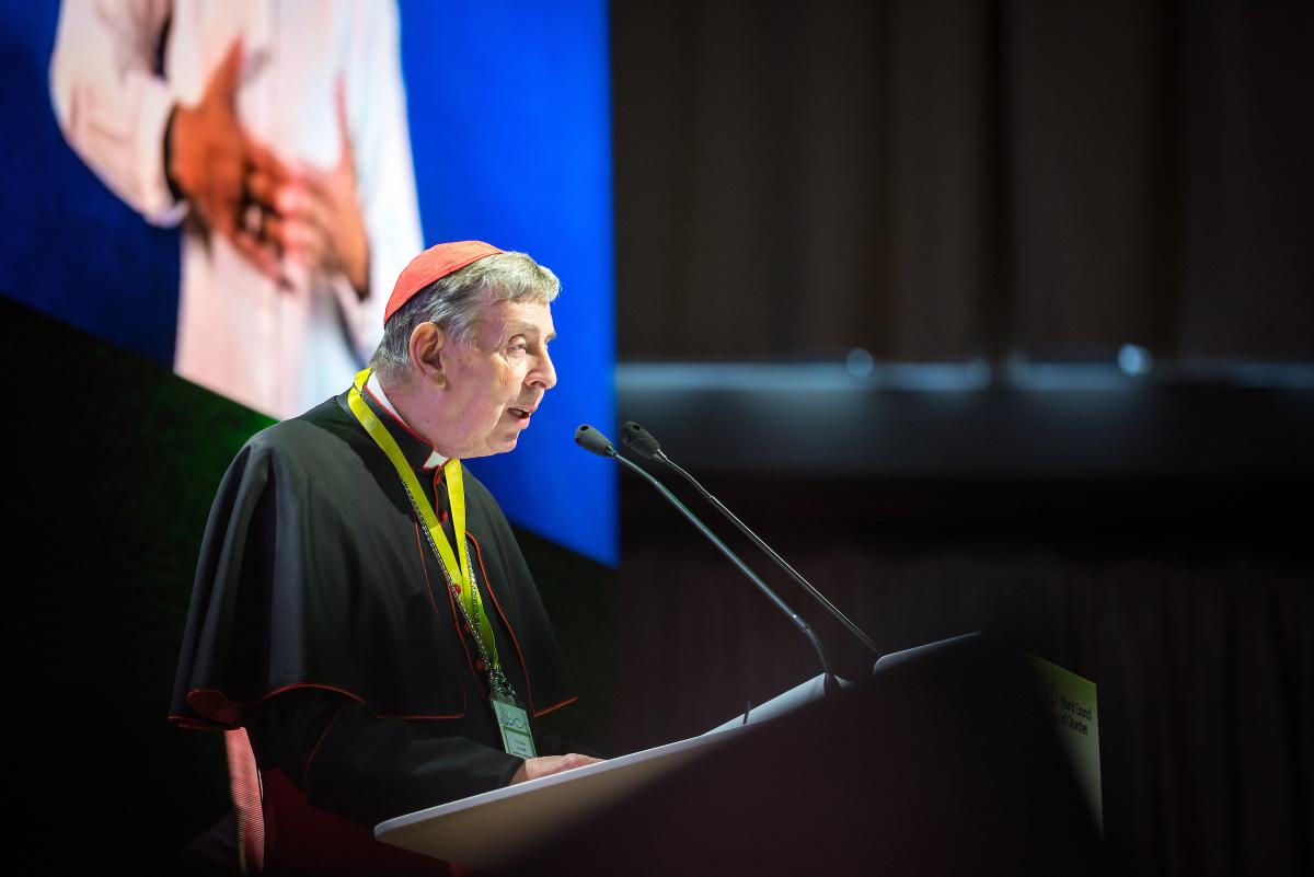 Cardinal Koch, Prefect of the Dicastery for Promoting Christian Unity (Roman Catholic Church) delivers greetings from Pope Francis of the Roman Catholic Church to the WCC 11th Assembly during its first thematic plenary, focused on Care for Creation. The 11th Assembly of the World Council of Churches is held in Karlsruhe, Germany from 31 August to 8 September, under the theme ‘Christ’s Love Moves the World to Reconciliation and Unity’