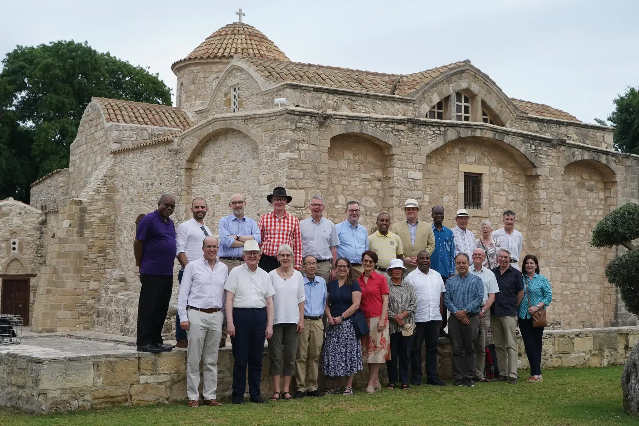 During their meeting in Larnaca, the members and staff of ARCIC III visited the Church of Panagia Angeloktisti (Παναγία Αγγελόκτιστη, 'Panagia Built by Angels') in the village of Kiti, Cyprus. Back row: Bishop Garth Minott, Revd Stewart Clem, Archdeacon Jonathan Gough, Archbishop Philip Freier, Revd Anthony Currer, Revd Martin Browne OSB, Revd Vimal Tirimanna CSsR, Revd Alexander Ross, Revd Paul Béré SJ, Bishop Christopher Hill, Hilary Hill (guest), Revd Neil Vigers. Front row: Dr Christopher Wells, Archbishop Bernard Longley, Archbishop Linda Nicholls, Revd Albino Barrera OP, Dr Kristin Colberg, Dr Sigrid Müller, Dr Moeawa Callaghan, Revd Isaias Chachine, Dr Emmanuel Nathan, Revd Peter Sedgwick, Dr Paul Murray, Andrea Murray (guest)