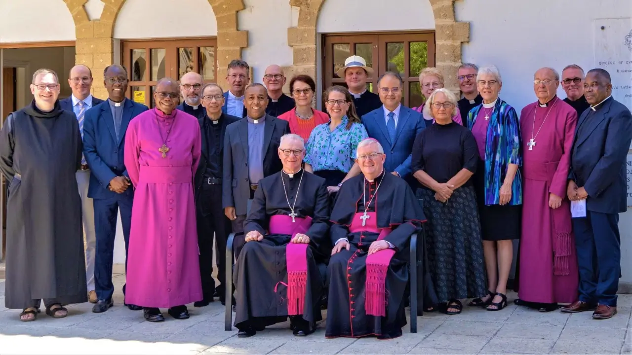 ARCIC III met in Larnaca, Cyprus from 8 to 15 May 2023. Following several years of postponed, virtual, or partially attended meetings, all the members of the Commission were able to be present in person in Larnaca. In front: Archbishop Philip Freier and Archbishop Bernard Longley (co-chairs). Standing: Revd Martin Browne OSB, Dr Christopher Wells, Fr. Paul Béré, Bishop Garth Minott, Archdeacon Jonathan Gough, Revd Albino Barrera OP, Revd Neil Vigers, Revd Vimal Tirimanna CSsR, Revd Peter Sedgwick, Dr Sigrid Müller, Dr Kristin Colberg, Revd Alexander Ross, Dr Emmanuel Nathan, Dr Myriam Wijlens, Dr Moeawa Callaghan, Revd Anthony Currer, Archbishop Linda Nicholls, Bishop Christopher Hill, Dean Jeremy Crocker (St Paul's Cathedral, Cyprus), and Revd Isaias Chachine