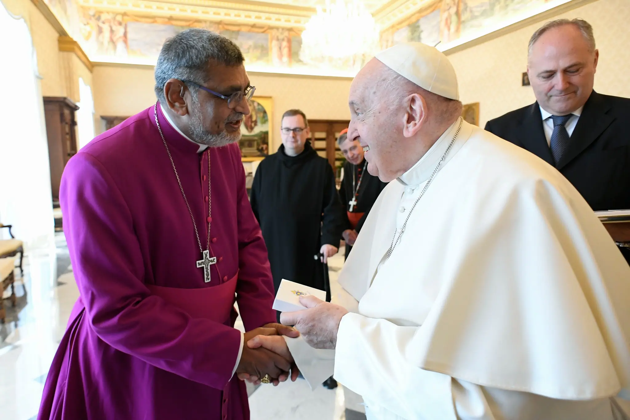 Archbishop Ian Ernest, director of the Anglican Centre in Rome, greets Pope Francis during the visit of Archbishop Stephen Cottrell, Archbishop of York, to the Apostolic Palace