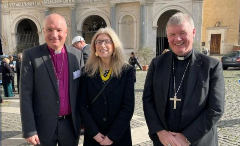 Catholic Bishop Adrian Wilkinson and Anglican Bishop Niall Coll pictured with the Irish ambassador to the Holy See, Frances Collins, outside of the Basilica of St Paul Outside the Walls in Rome. The bishops, in Rome for the IARCCUM Summit, attended Vespers at the end of the Week of Prayer for Christian Unity and were commissioned by Pope Francis and Archbishop of Canterbury Justin Welby to return to Ireland and promote relations between the two churches