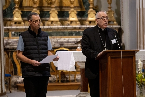 Bishop Peter Collins, Roman Catholic bishop of East Anglia (right) and Bishop Stephen Race, Anglican bishop of Beverley, reading an extract from the address of St. Gregory the Great sending St. Augustine on his mission to the Angles. The bishops were participating in Morning Prayer at San Gregoria al Celio, where St. Gregory commissioned St. Augustine in 596 AD 