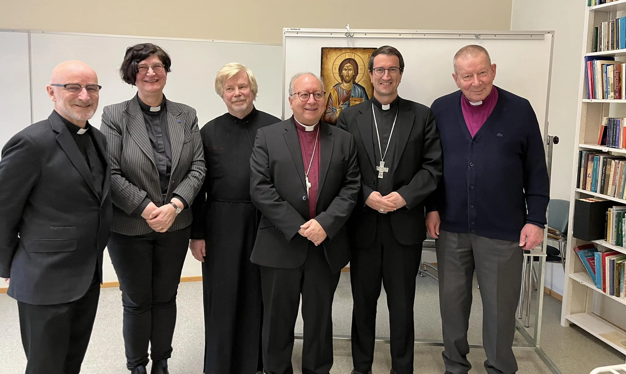 Some of the participants in the 10th meeting of the Malines Conversations Group held in Helsinki. From left to right: Dr Jaakko Rusama, Ms Mayvor Wärn-Rancken (Gen Sec of the Finnish Ecumenical Council), Metropolitan Fr Ambrosius, Bishop David Hamid, Bishop Raimo Goyarrola of the Catholic Church in Finland and Emeritus Bishop Eero Huovinen of the Finnish Lutheran Church