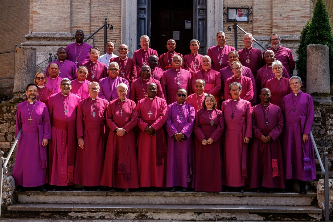 The Most Revd Ian Ernest, Director of The Anglican Centre in Rome, and The Rt Revd Bishop Anthony Poggo, Secretary General of the Anglican Communion, join the primates taking the pilgrimage visit to Tre Fontane Abbey to pose for a group photograph on day one of the Primates Meeting in Rome