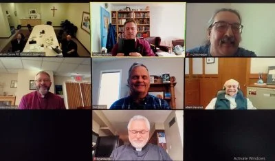 Leaders of four denominational regions met by videoconference in March to approve the LAURC Covenant. Pictured here are (top row, l-r): Don Bolen, Archbishop of the Roman Catholic Archdiocese of Regina and Mark Hagemoen, bishop of the Roman Catholic Diocese of Saskatoon; Michael Hawkins, bishop of the Anglican Diocese of Saskatchewan; Chris Harper, bishop of the Anglican Diocese of Saskatoon; (second row, l-r): Rob Hardwick, bishop of the Anglican Diocese of Qu’Appelle; Sid Haugen, bishop of the Evangelical Lutheran Church in Canada’s Synod of Saskatchewan; Albert Thévenot, bishop of the Roman Catholic Diocese of Prince Albert; (bottom row): Bryan Bayda, bishop of the Ukrainian Catholic Eparchy of Saskatoon