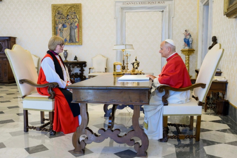 Archbishop of Canterbury Sarah Mullally meeting with Pope Leo XIV in the Apostolic Palace