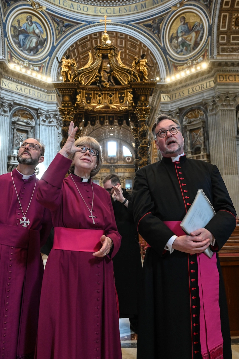 Archbishop of Canterbury Sarah Mullally on a tour of St Peter's Basilica with Bishop Anthony Ball (left) and Canon Eric van Teijlingen, of the chapter of St Peter's