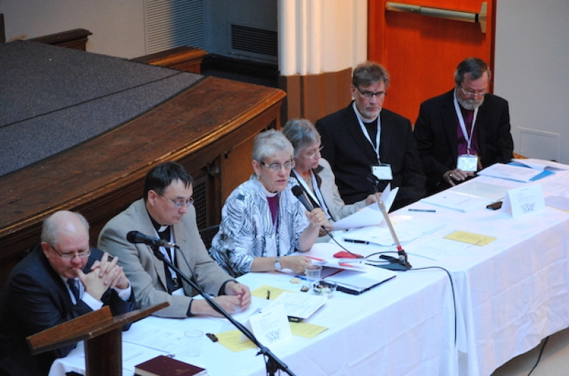 Commission members present their report to Council of General Synod members (L to R): Stephen Martin, Canon Paul Jennings, Bishop Linda Nicholls, Patricia Bays, The Rev. Paul Friesen and Archbishop John Privett
