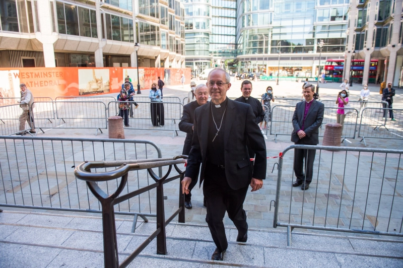 Archbishop Justin Welby and Cardinal Vincent Nichols entering Westminster Abbey on the first day of re-opening after the COVID-19 shutdown
