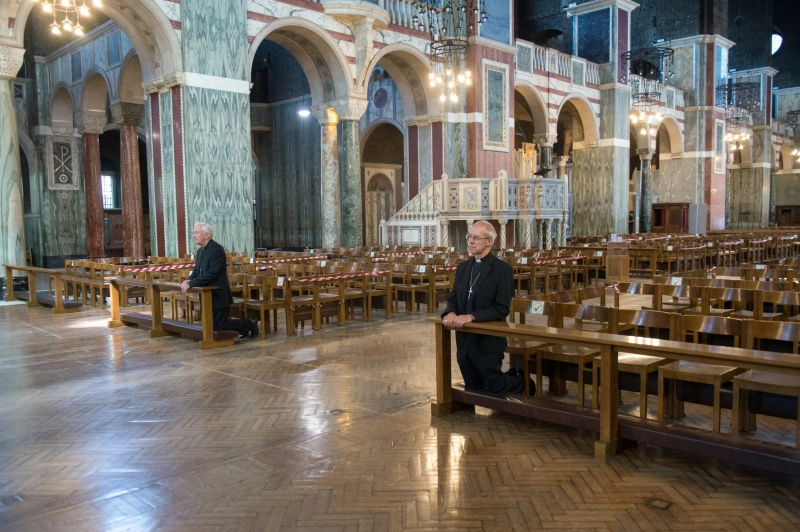 Cardinal Vincent Nichols and Archbishop Justin Welby praying at Westminster Cathedral on the first day of re-opening after COVID-19 shutdown