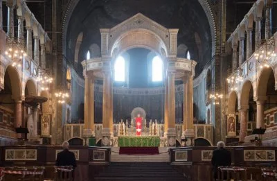 Cardinal Vincent Nichols and Archbishop Justin Welby praying at Westminster Cathedral on the first day of re-opening after COVID-19 shutdown