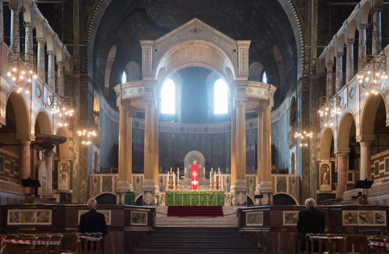 Cardinal Vincent Nichols and Archbishop Justin Welby praying at Westminster Cathedral on the first day of re-opening after COVID-19 shutdown