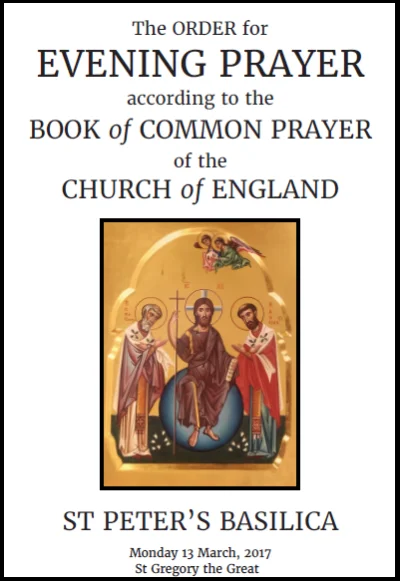 The Order of Service for the first Anglican Evensong in St. Peter's Basilica