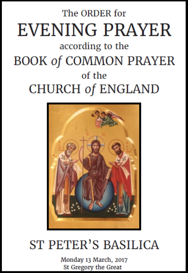 The Order of Service for the first Anglican Evensong in St. Peter's Basilica