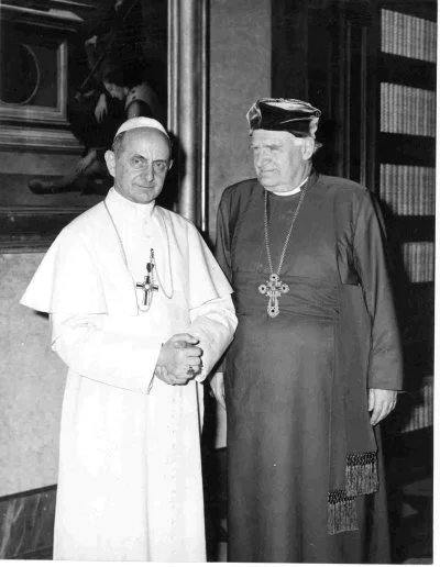 Pope Paul VI and Archbishop of Canterbury Michael Ramsey during the visit of the Archbishop to Rome