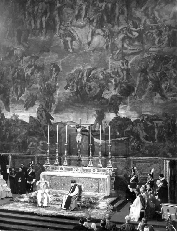 Pope Paul VI and Archbishop of Canterbury Michael Ramsey in the Sistine Chapel