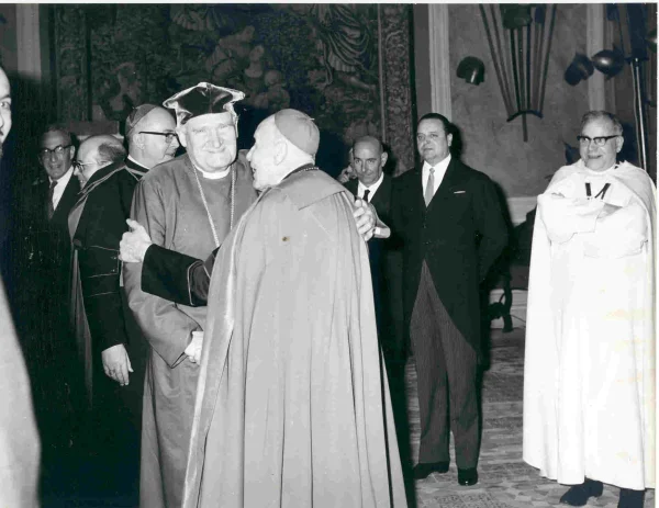 Archbishop of Canterbiry Michael Ramsey greets Cardinal Augustin Bea during the Archbishop's visit to Rome