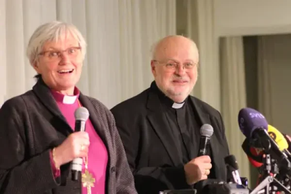 Archbishop Antje Jackelén, leader of the Church of Sweden, and Bishop Anders Arborelius of the Catholic diocese of Stockholm, give a joint press conference on the eve of commemorations to mark the 500th anniversary of the Reformation